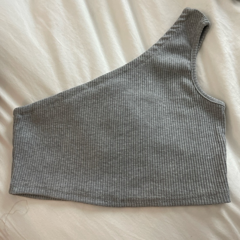 One Shoulder Ribbed Cropped Tank / Activewear Bra - Light Grey
